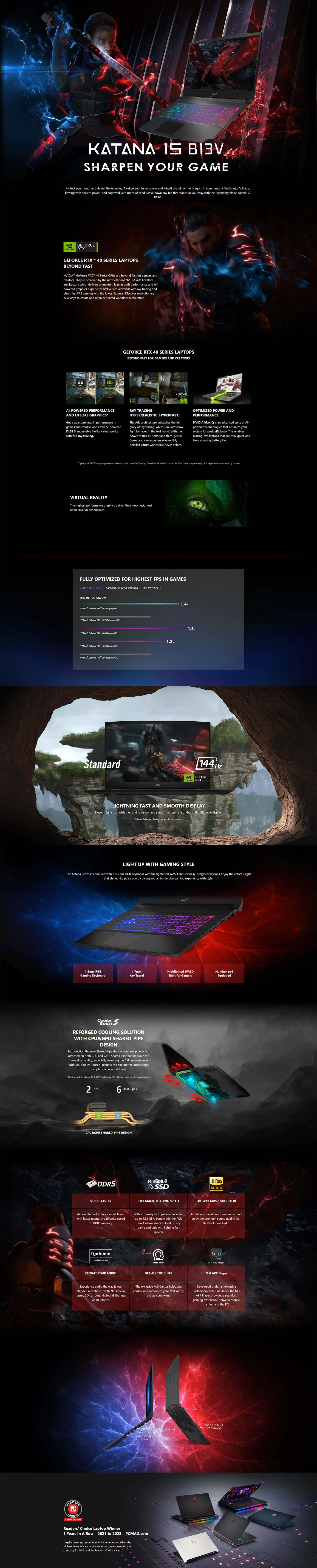 A large marketing image providing additional information about the product MSI Katana 15 B13VEK-1202AU 15.6" 144Hz 13th Gen i5 13420H RTX 4050 Win 11 Gaming Notebook - Additional alt info not provided